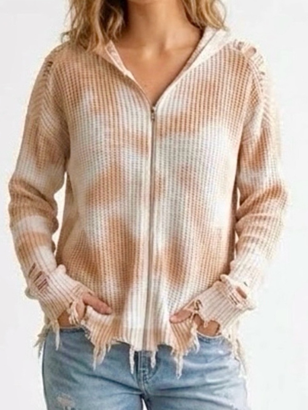 Elan Tie Dye Distressed Waffle Knit Zip Up Hoodie Sweater Fall Layer Boho Chic L
